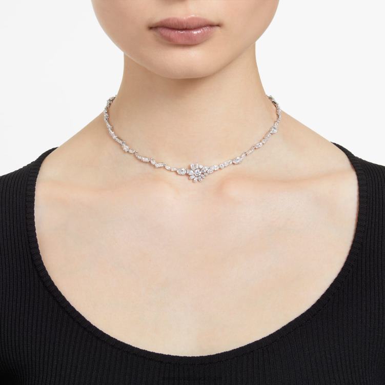 Swarovski gema halsband P28L20 Smycken blandade snitt, blomma, vit, rodiumpläterad
