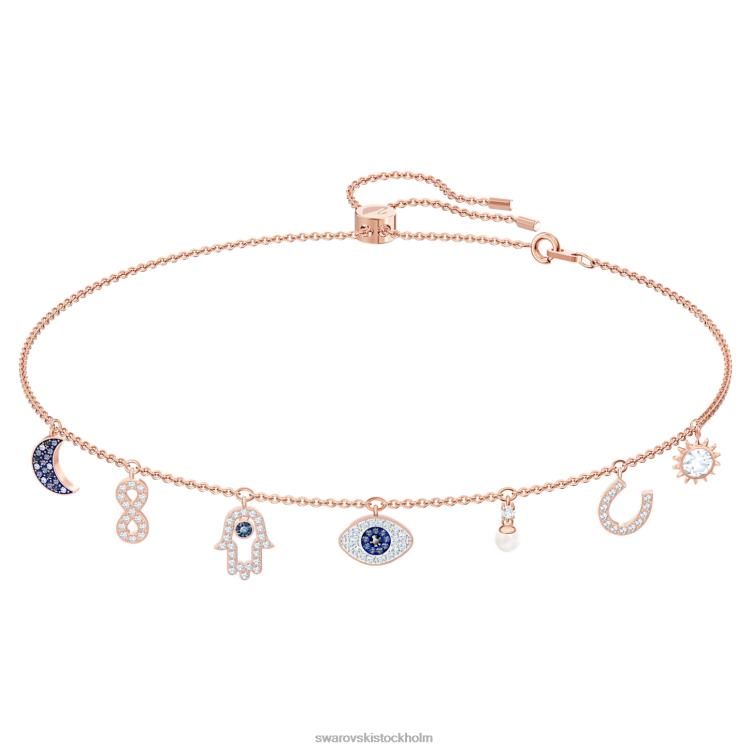 Swarovski symboliskt halsband P28L14 Smycken måne, oändlighet, hand, onda ögat och hästsko, blå, roséguld pläterad