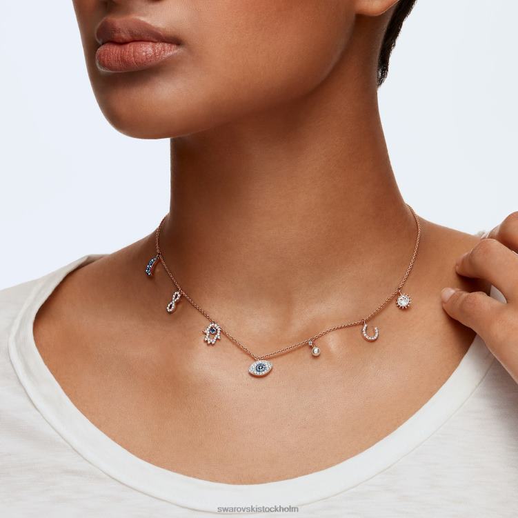 Swarovski symboliskt halsband P28L14 Smycken måne, oändlighet, hand, onda ögat och hästsko, blå, roséguld pläterad