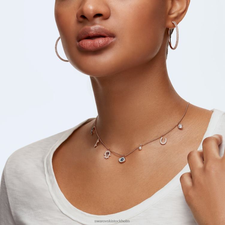 Swarovski symboliskt halsband P28L14 Smycken måne, oändlighet, hand, onda ögat och hästsko, blå, roséguld pläterad