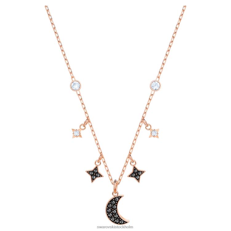 Swarovski symboliskt halsband P28L29 Smycken måne och stjärna, svart, roséguld pläterad