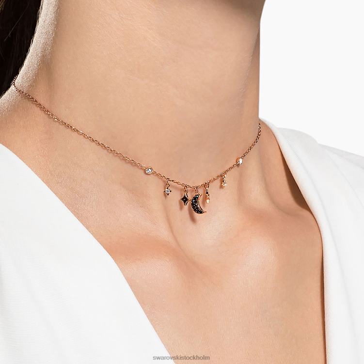 Swarovski symboliskt halsband P28L29 Smycken måne och stjärna, svart, roséguld pläterad