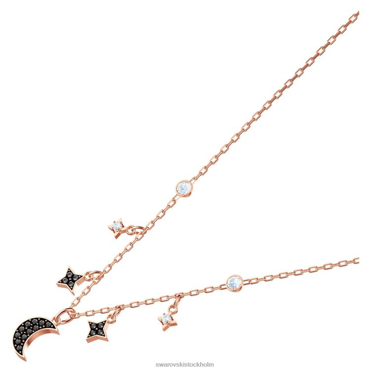 Swarovski symboliskt halsband P28L29 Smycken måne och stjärna, svart, roséguld pläterad