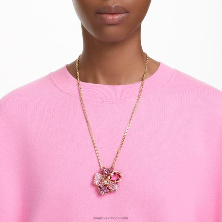 Swarovski florere hänge och brosch P28L331 Smycken bana, blomma, rosa, guldfärgad
