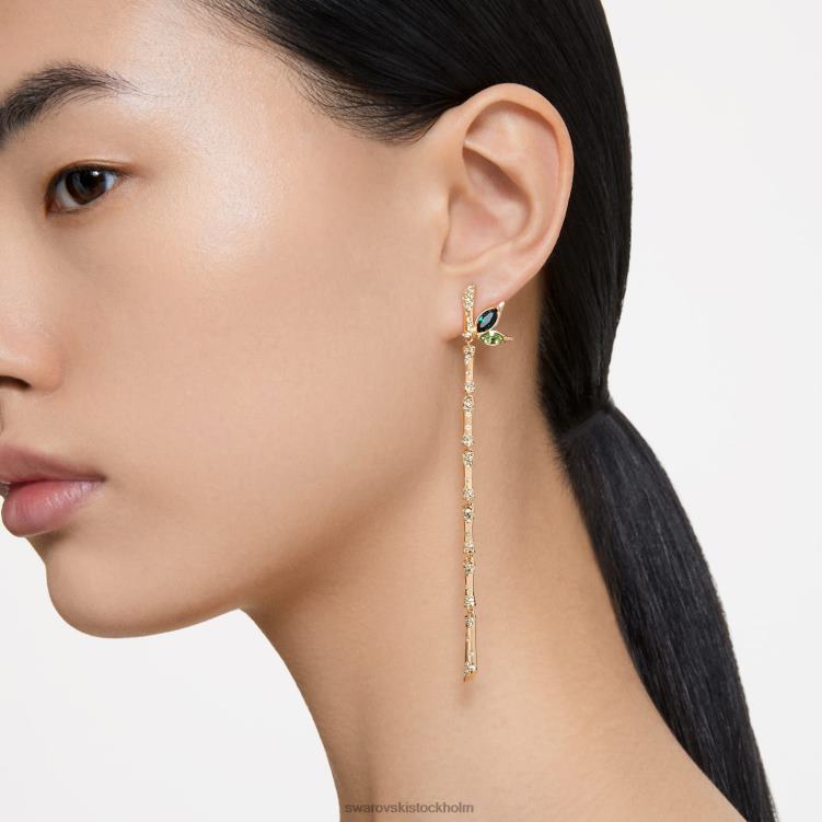 Swarovski dellium droppe örhängen P28L809 Smycken asymmetrisk design, bambu, grön, guldfärgad