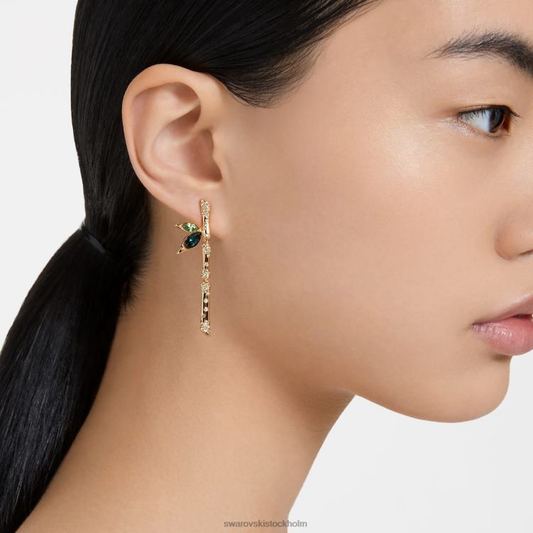 Swarovski dellium droppe örhängen P28L809 Smycken asymmetrisk design, bambu, grön, guldfärgad