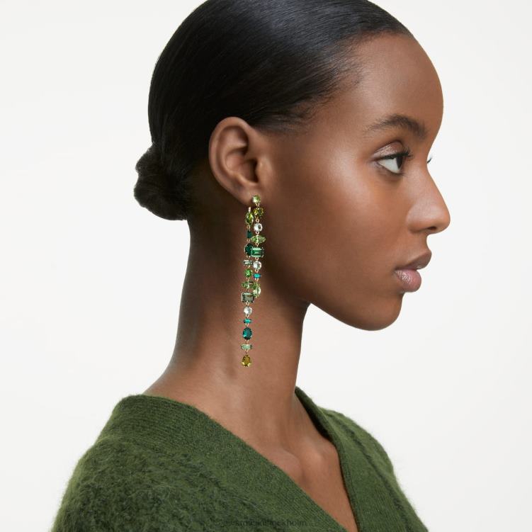 Swarovski gema droppe örhängen P28L763 Smycken asymmetrisk design, blandade snitt, grön, guldfärgad