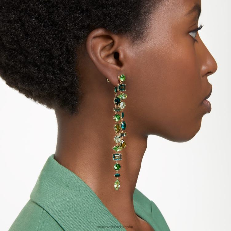 Swarovski gema droppe örhängen P28L836 Smycken asymmetrisk design, blandade snitt, grön, guldfärgad