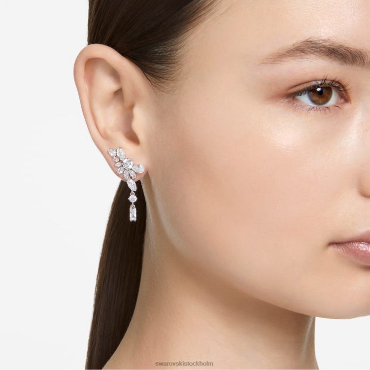 Swarovski gema droppe örhängen P28L854 Smycken asymmetrisk design, blandade snitt, blomma, vit, rodiumpläterad
