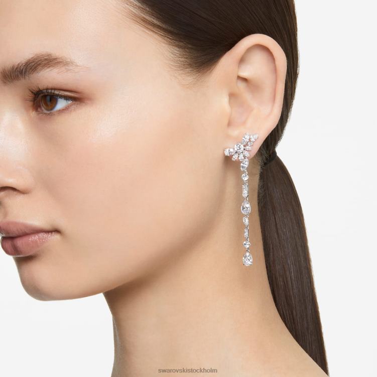 Swarovski gema droppe örhängen P28L854 Smycken asymmetrisk design, blandade snitt, blomma, vit, rodiumpläterad
