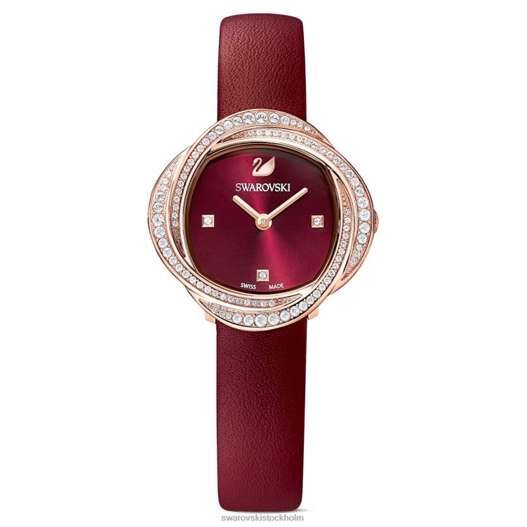 Swarovski kristallblommaklocka P28L1201 Tillbehör schweizisk tillverkad, läderrem, röd, roséguldfärgad finish