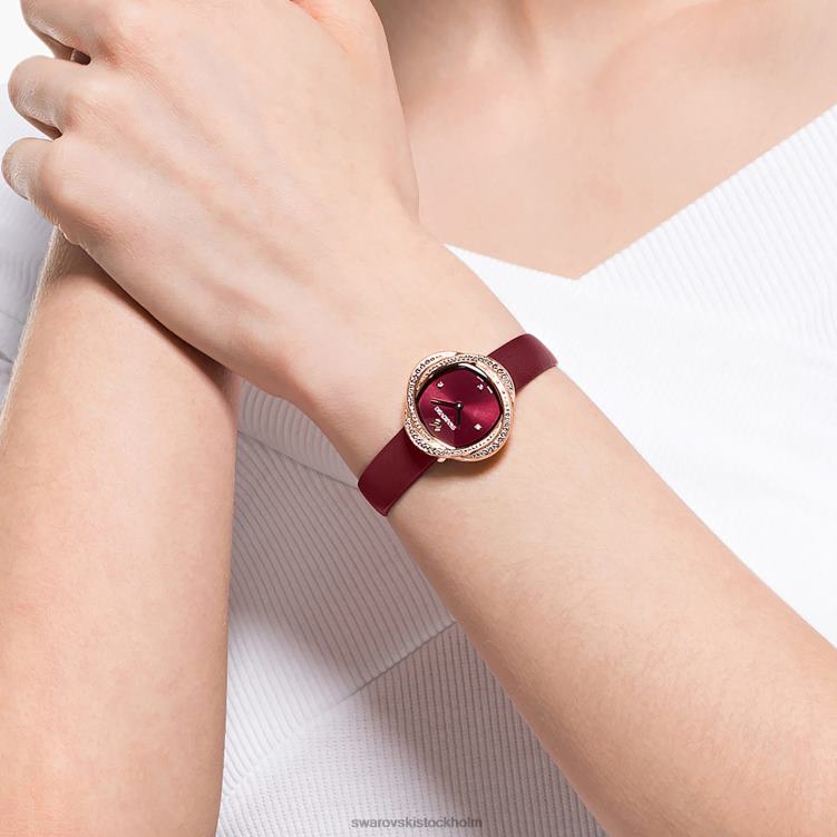 Swarovski kristallblommaklocka P28L1201 Tillbehör schweizisk tillverkad, läderrem, röd, roséguldfärgad finish