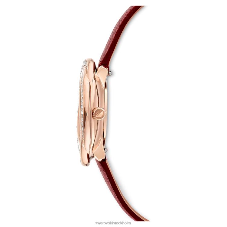 Swarovski kristallblommaklocka P28L1201 Tillbehör schweizisk tillverkad, läderrem, röd, roséguldfärgad finish