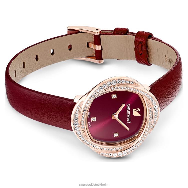 Swarovski kristallblommaklocka P28L1201 Tillbehör schweizisk tillverkad, läderrem, röd, roséguldfärgad finish
