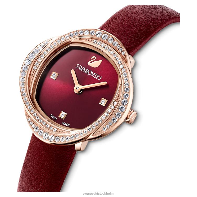 Swarovski kristallblommaklocka P28L1201 Tillbehör schweizisk tillverkad, läderrem, röd, roséguldfärgad finish