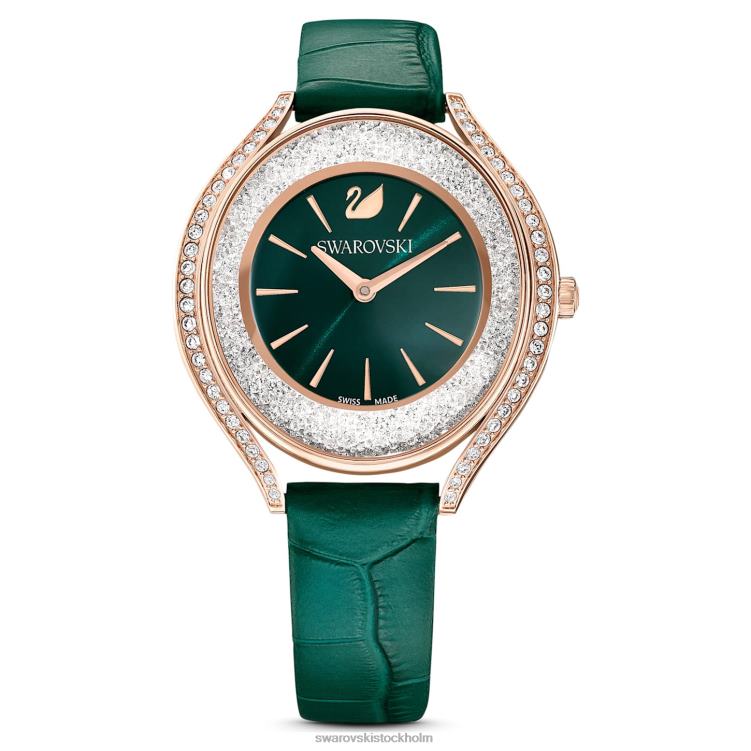 Swarovski kristallin aura klocka P28L1155 Tillbehör schweizisk tillverkad, läderrem, grön, roséguldfärgad finish