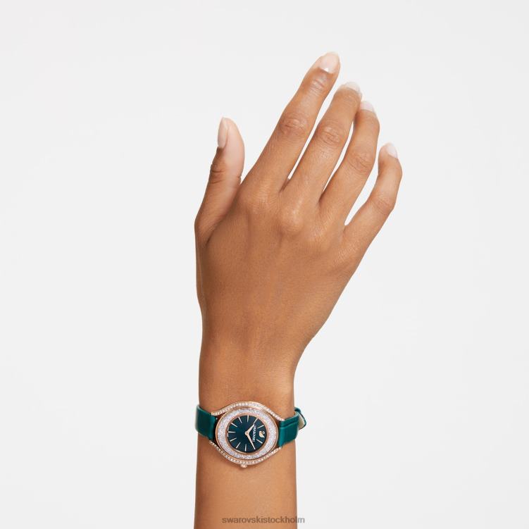 Swarovski kristallin aura klocka P28L1155 Tillbehör schweizisk tillverkad, läderrem, grön, roséguldfärgad finish