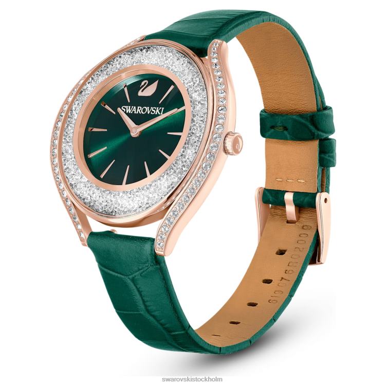 Swarovski kristallin aura klocka P28L1155 Tillbehör schweizisk tillverkad, läderrem, grön, roséguldfärgad finish