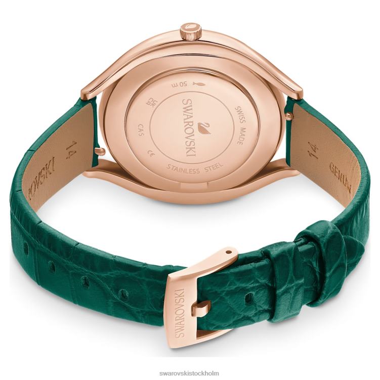 Swarovski kristallin aura klocka P28L1155 Tillbehör schweizisk tillverkad, läderrem, grön, roséguldfärgad finish