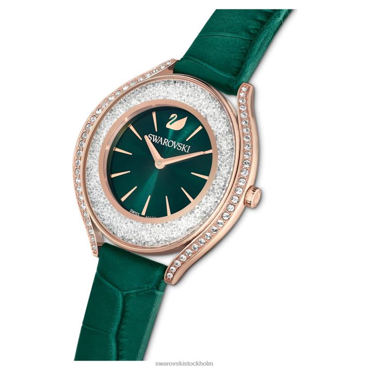 Swarovski kristallin aura klocka P28L1155 Tillbehör schweizisk tillverkad, läderrem, grön, roséguldfärgad finish