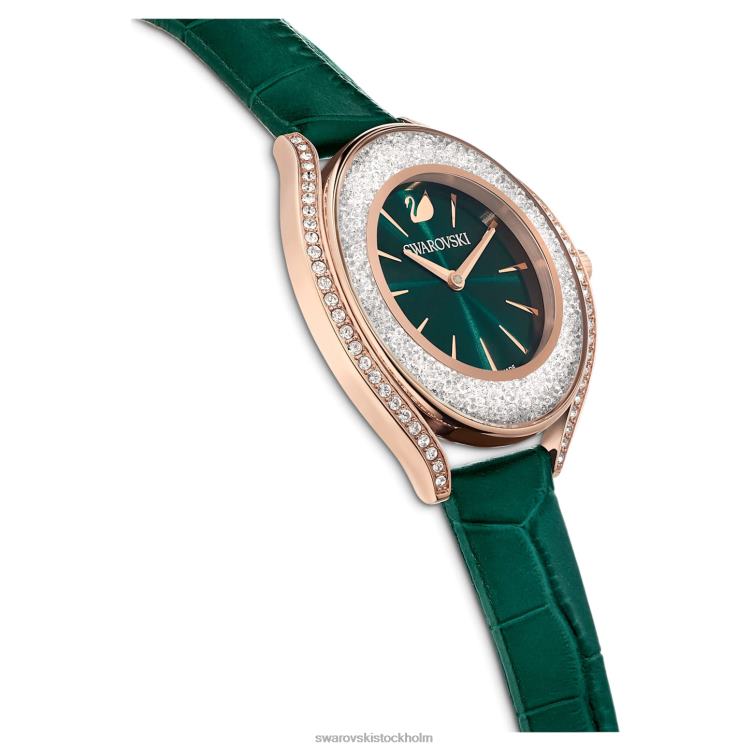 Swarovski kristallin aura klocka P28L1155 Tillbehör schweizisk tillverkad, läderrem, grön, roséguldfärgad finish