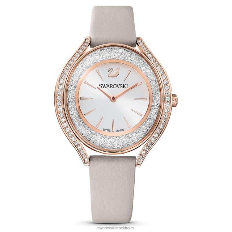 Swarovski kristallin aura klocka P28L1183 Tillbehör schweizisk tillverkad, läderrem, grå, roséguldfärgad finish