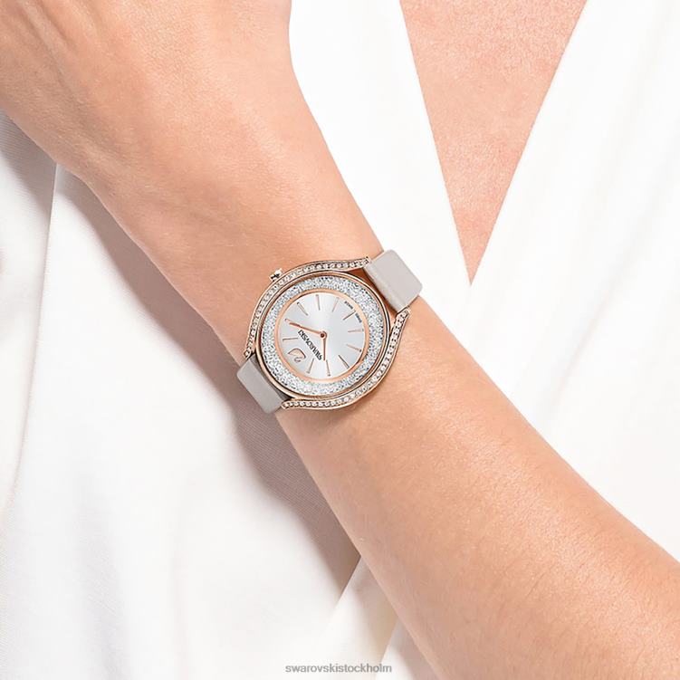 Swarovski kristallin aura klocka P28L1183 Tillbehör schweizisk tillverkad, läderrem, grå, roséguldfärgad finish