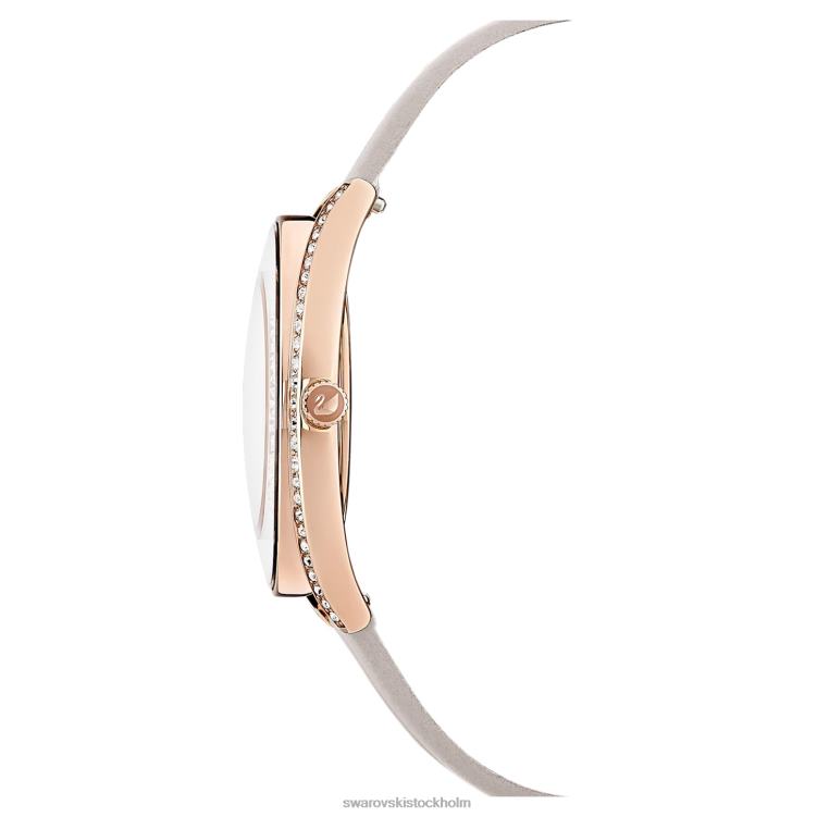 Swarovski kristallin aura klocka P28L1183 Tillbehör schweizisk tillverkad, läderrem, grå, roséguldfärgad finish