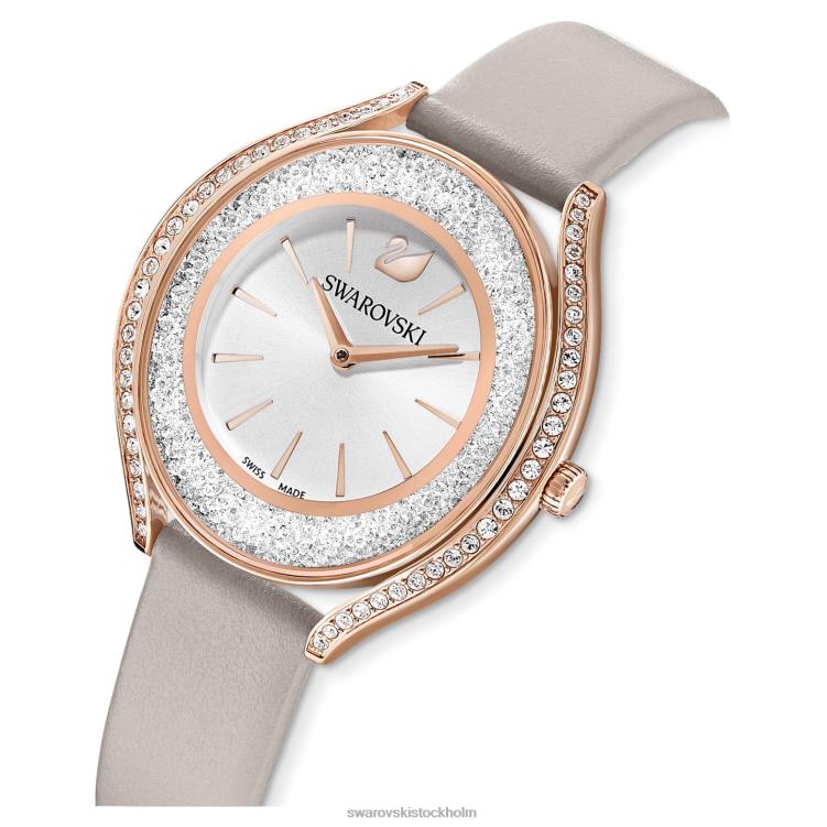 Swarovski kristallin aura klocka P28L1183 Tillbehör schweizisk tillverkad, läderrem, grå, roséguldfärgad finish