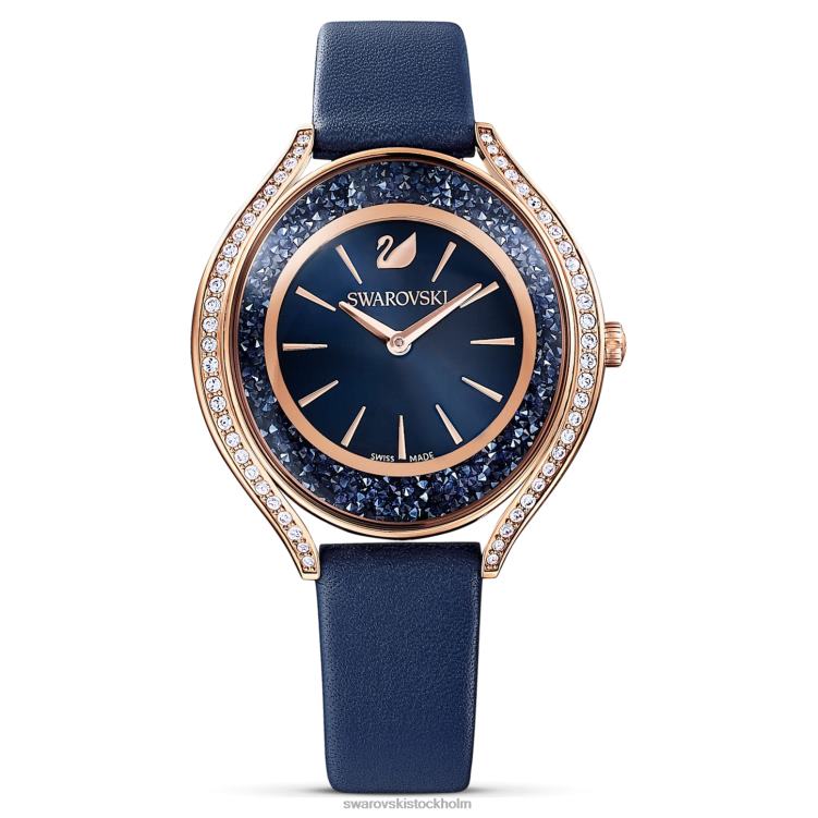 Swarovski kristallin aura klocka P28L1185 Tillbehör schweizisk tillverkad, läderrem, blå, roséguldfärgad finish