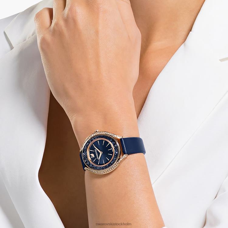 Swarovski kristallin aura klocka P28L1185 Tillbehör schweizisk tillverkad, läderrem, blå, roséguldfärgad finish