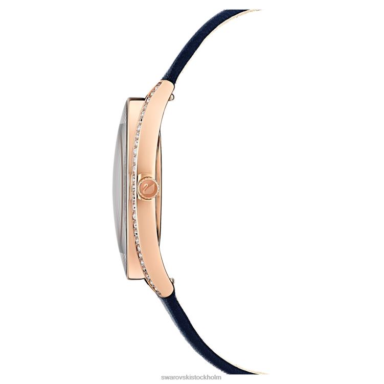 Swarovski kristallin aura klocka P28L1185 Tillbehör schweizisk tillverkad, läderrem, blå, roséguldfärgad finish