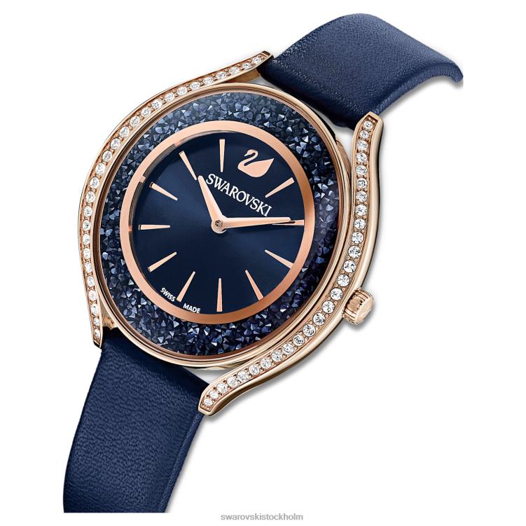 Swarovski kristallin aura klocka P28L1185 Tillbehör schweizisk tillverkad, läderrem, blå, roséguldfärgad finish