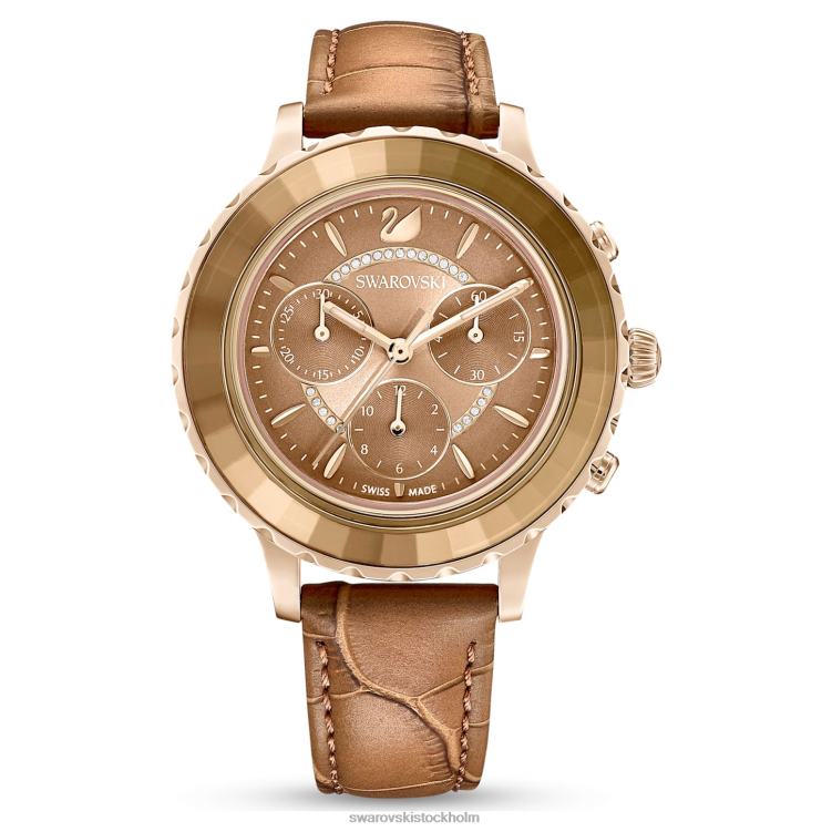 Swarovski octea lux chrono klocka P28L1150 Tillbehör schweizisk tillverkad, läderrem, brun, guldfärgad finish