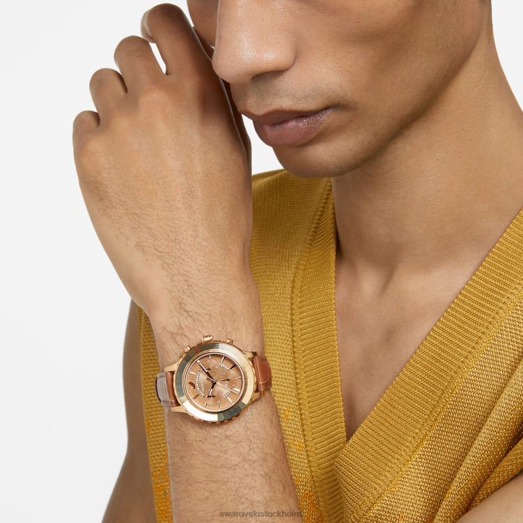 Swarovski octea lux chrono klocka P28L1150 Tillbehör schweizisk tillverkad, läderrem, brun, guldfärgad finish