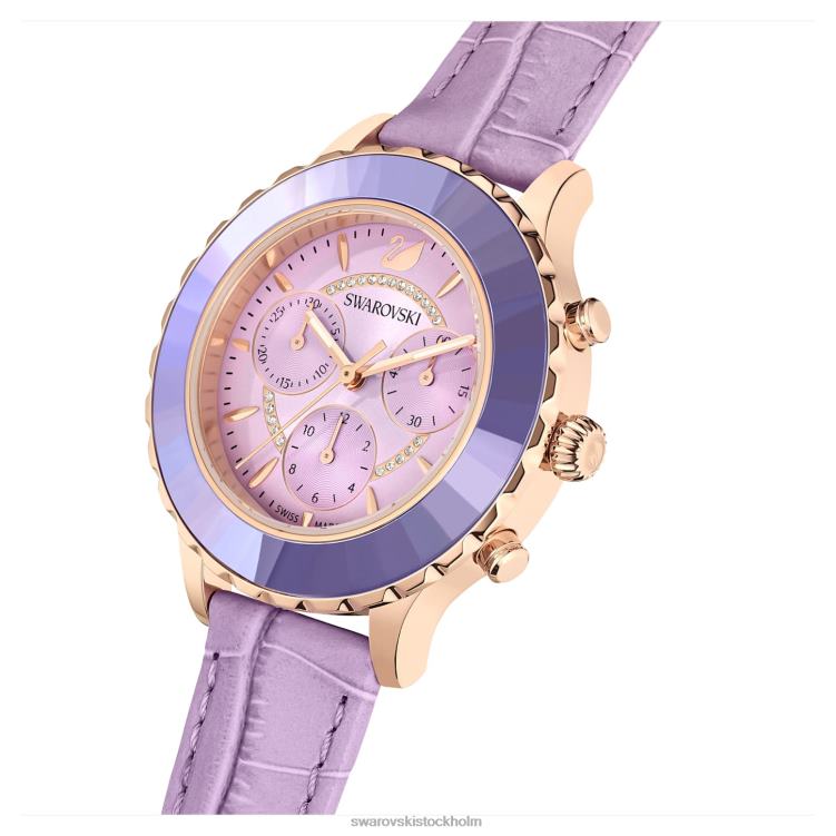Swarovski octea lux chrono klocka P28L1157 Tillbehör schweizisk tillverkad, läderrem, lila, roséguldfärgad finish