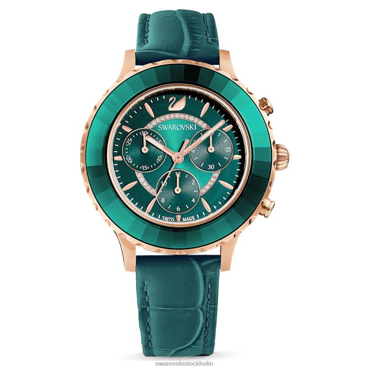 Swarovski octea lux chrono klocka P28L1159 Tillbehör schweizisk tillverkad, läderrem, grön, roséguldfärgad finish
