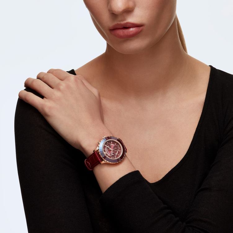 Swarovski octea lux chrono klocka P28L1195 Tillbehör schweizisk tillverkad, läderrem, röd, roséguldfärgad finish