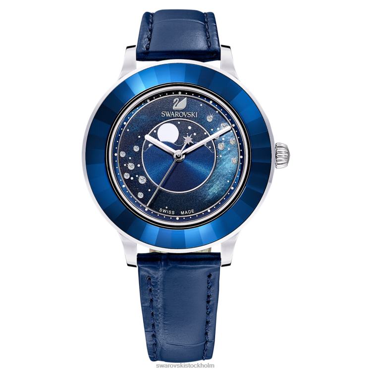 Swarovski octea lux klocka P28L1248 Tillbehör schweizisk tillverkad, moon, läderrem, blå, rostfritt stål