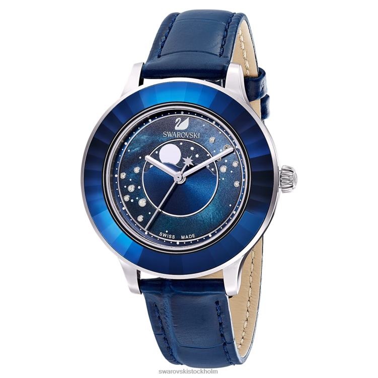 Swarovski octea lux klocka P28L1248 Tillbehör schweizisk tillverkad, moon, läderrem, blå, rostfritt stål