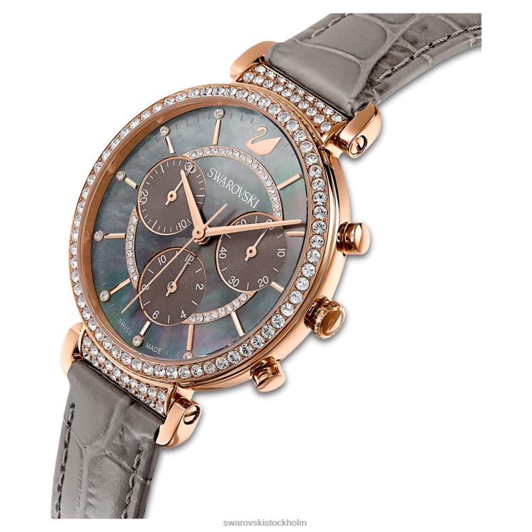Swarovski passage chrono klocka P28L1160 Tillbehör schweizisk tillverkad, läderrem, grå, roséguldfärgad finish