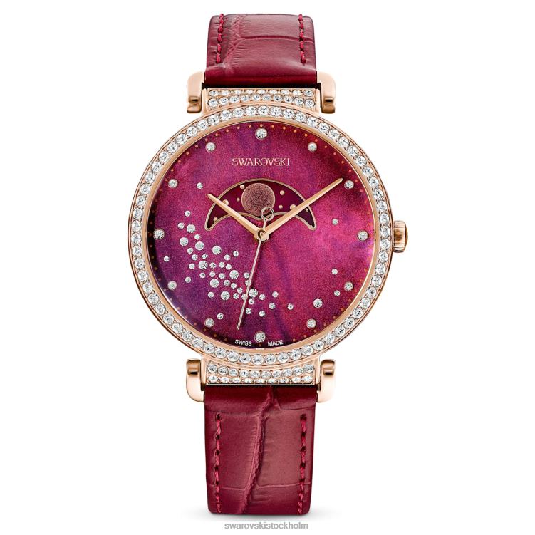 Swarovski passage månfas klocka P28L1197 Tillbehör schweizisk tillverkad, moon, läderrem, röd, roséguldfärgad finish