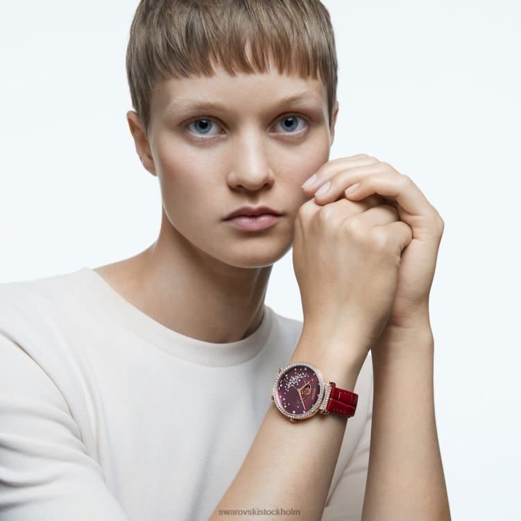 Swarovski passage månfas klocka P28L1197 Tillbehör schweizisk tillverkad, moon, läderrem, röd, roséguldfärgad finish