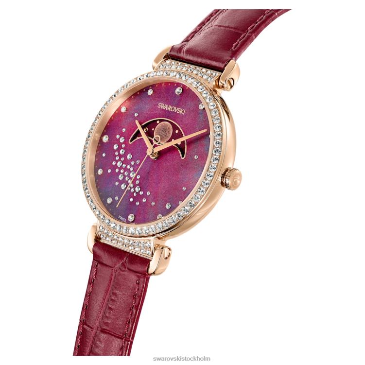 Swarovski passage månfas klocka P28L1197 Tillbehör schweizisk tillverkad, moon, läderrem, röd, roséguldfärgad finish